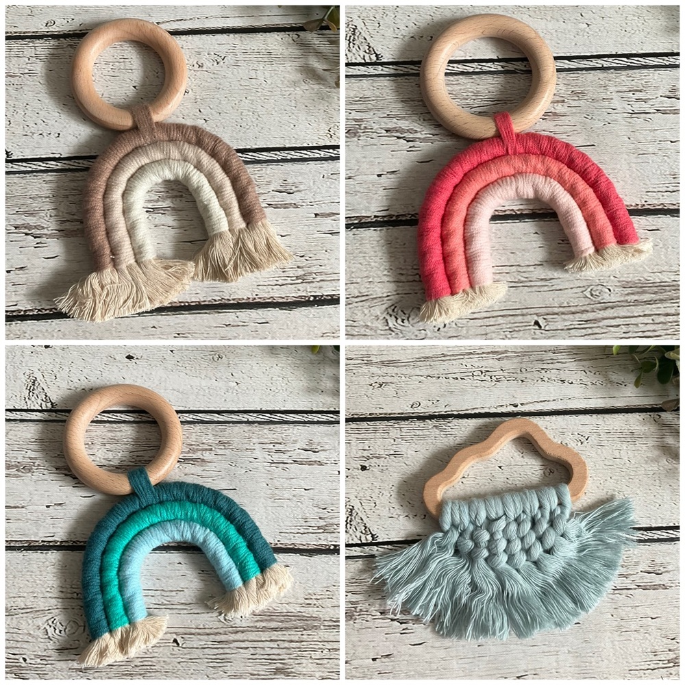 4/$20!!  Boutique Baby Rainbow Macrame Baby Teether Wooden Toy